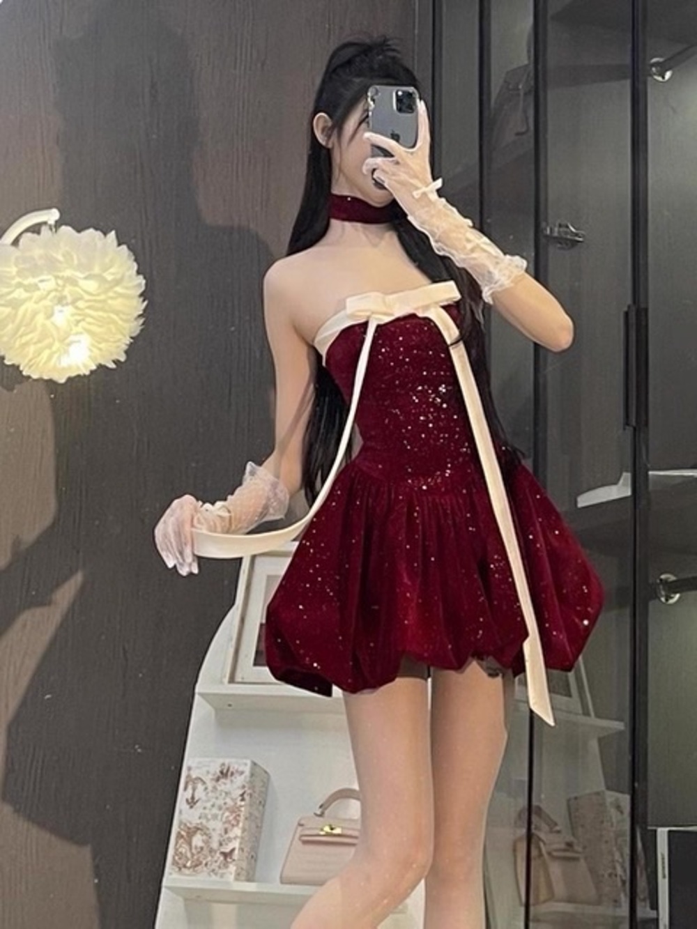 Women's Sparkle Bubble Mini Dress with Ribbon - Burgundy